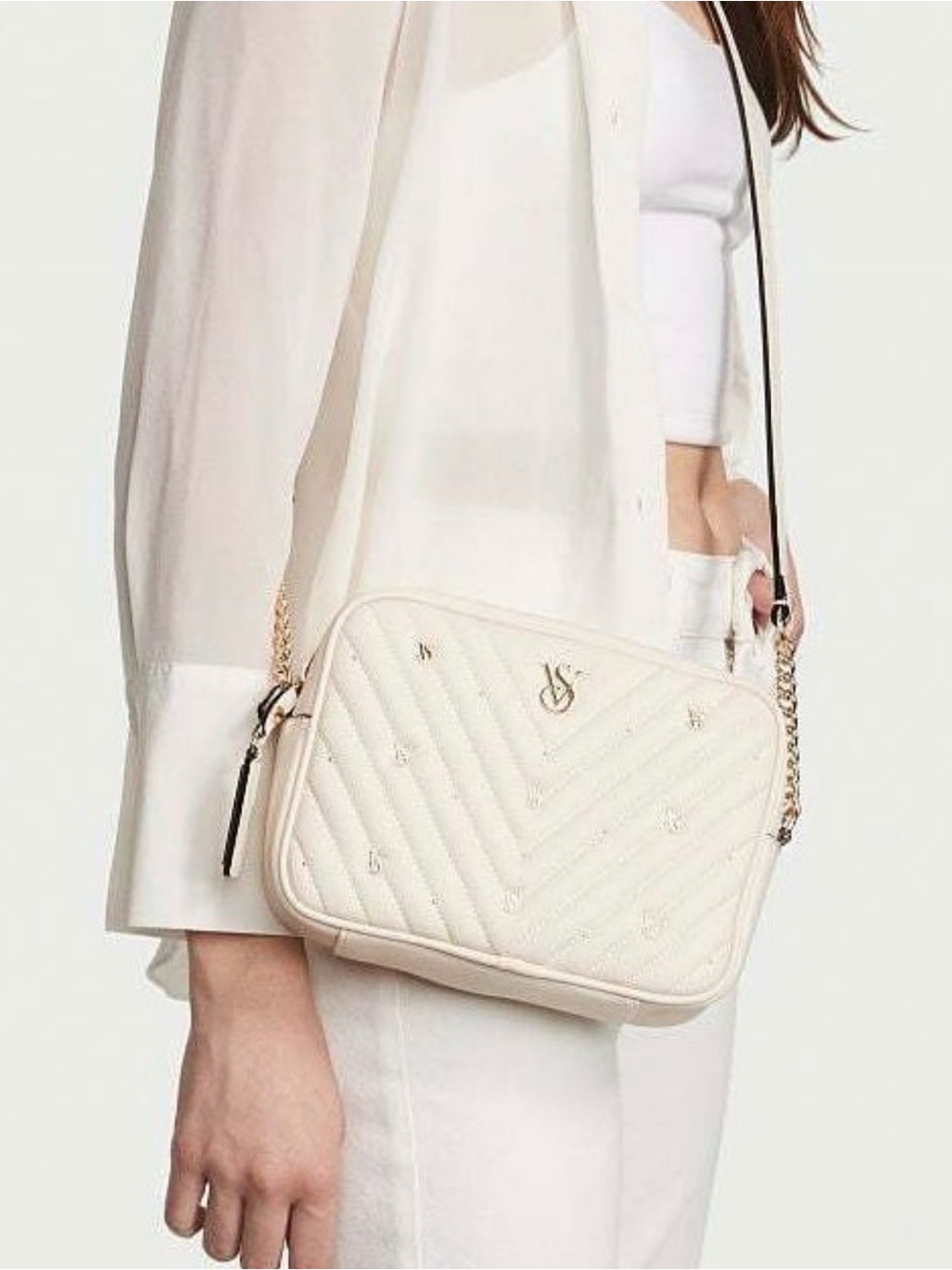 Victoria's Secret Cream Quilted Crossbody with Gold Chain